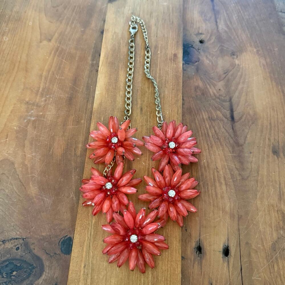 Coral Statement Necklace • Big Floral Clusters • Rhinestone Centers • Extender